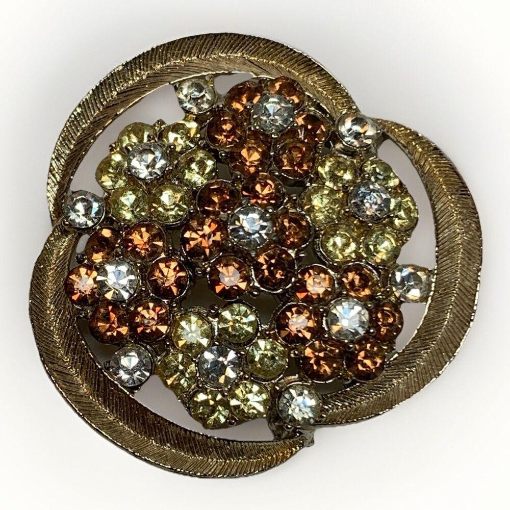 Vtg. Amber And Clear Colored Rhinestone Set In Gold Tone Frame Pin Brooch